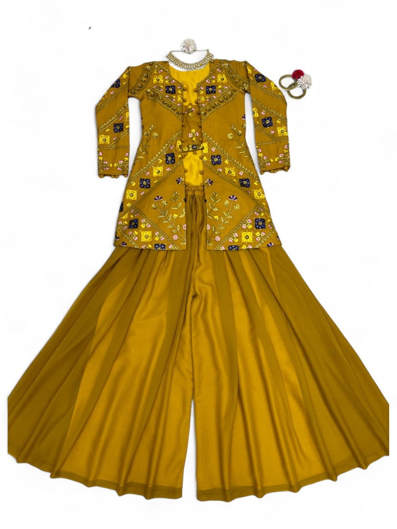 Musturd yellow indowestern plazzo suit
