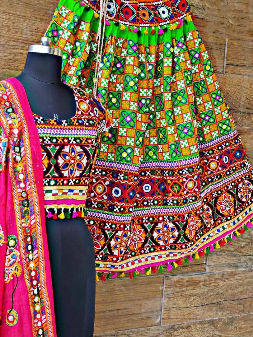 Navratri special heavy kachhi work green chaniya choli for garba