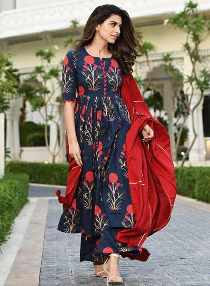 Navy blue camric cotton printed plazzo kurti