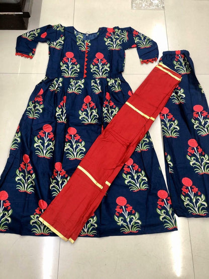 Navy blue camric cotton printed plazzo kurti