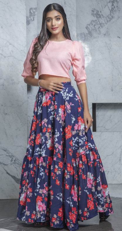 Navy blue cotton flower printed party wear crop top