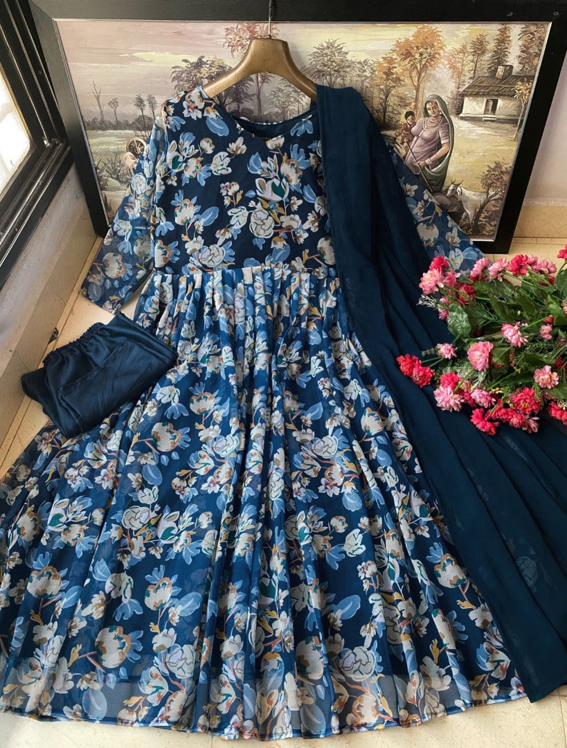 Navy blue floral printed anarkali gown