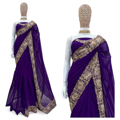 Navy blue georgette designer wedding saree