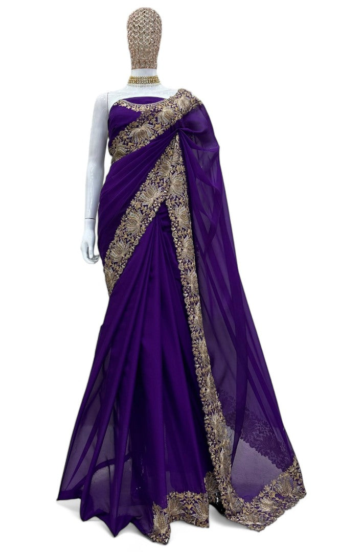 Navy blue georgette designer wedding saree