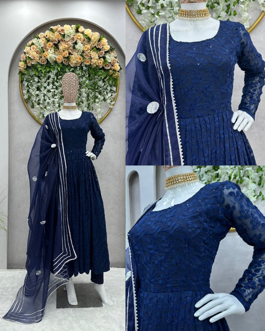 Navy blue georgette heavy embroidery work anarkali suit