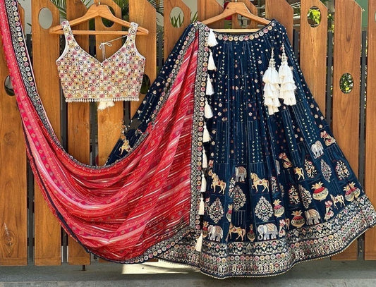 Navy blue heavy thread sequence work designer wedding lehenga choli