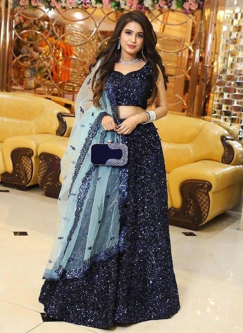 Navy blue heavy velvet sequence work wedding lehenga choli