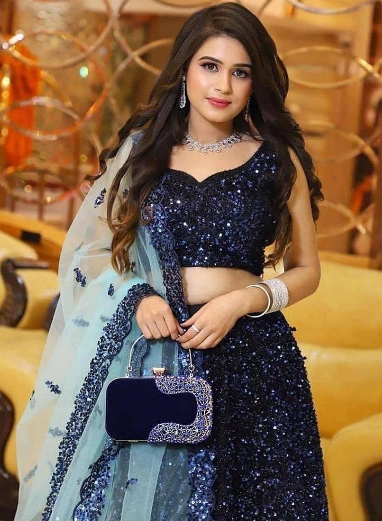 Navy blue heavy velvet sequence work wedding lehenga choli