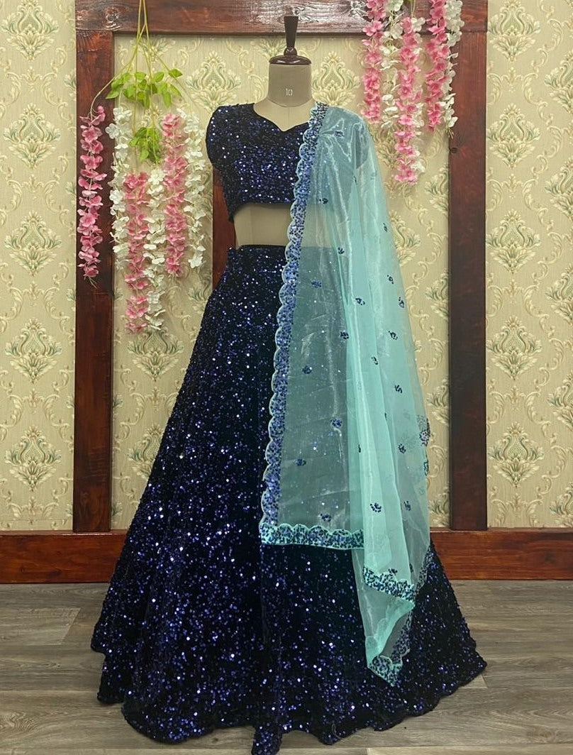 Navy blue heavy velvet sequence work wedding lehenga choli