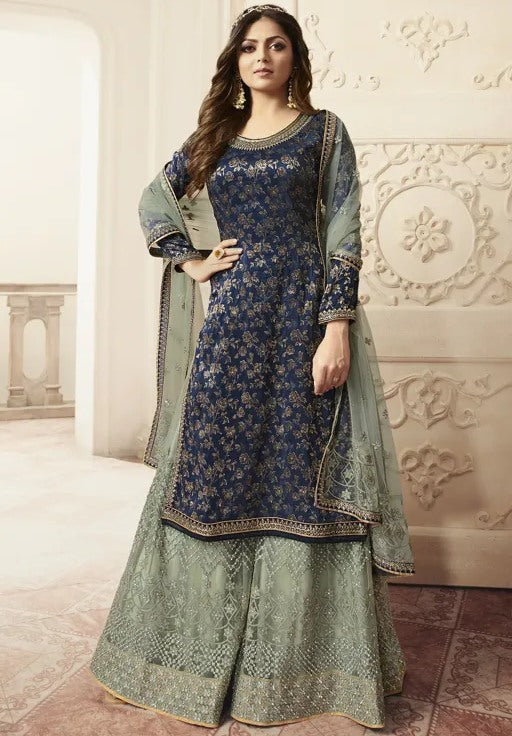 Navy blue Jacquard Embroidery work and Diamond stone Plazzo Suit