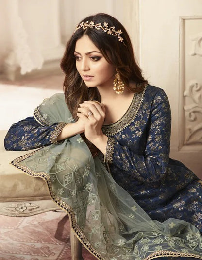 Navy blue Jacquard Embroidery work and Diamond stone Plazzo Suit