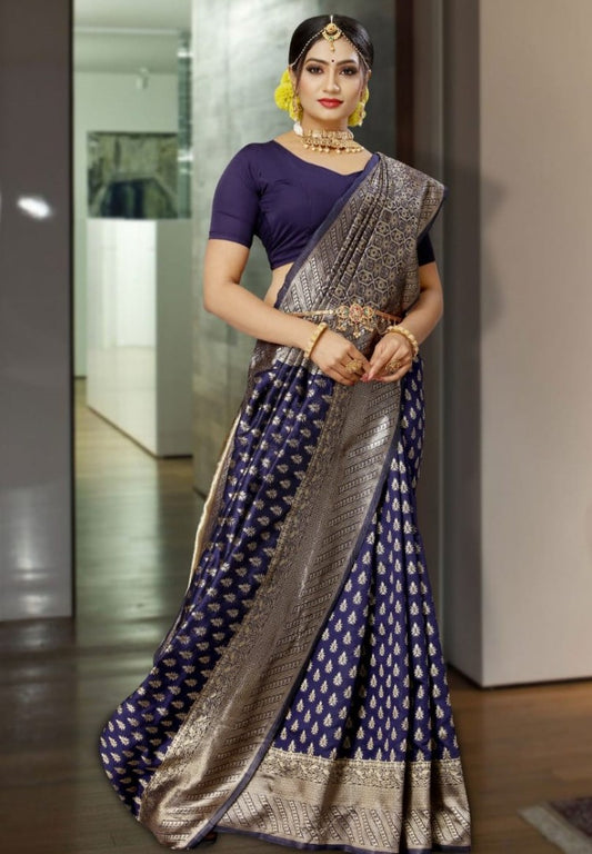 Navy blue kanchipuram soft lichi silk jacquard weaving work saree
