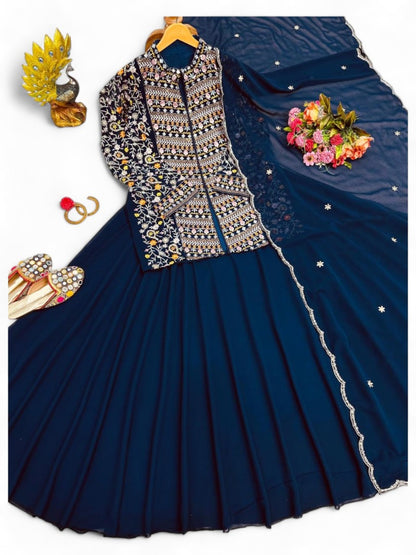 Navy blue lehenga with long heavy work choli