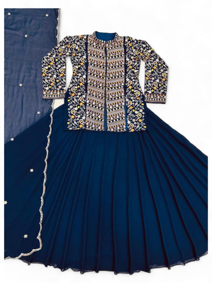 Navy blue lehenga with long heavy work choli