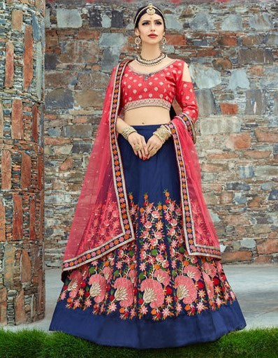 navy blue malbari silk multicolor thread worked heavy wedding lehenga