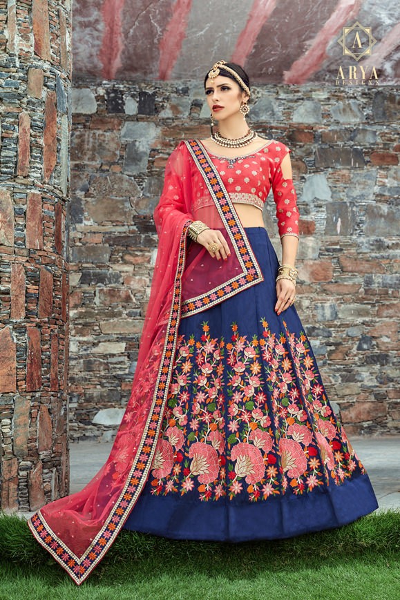 navy blue malbari silk multicolor thread worked heavy wedding lehenga