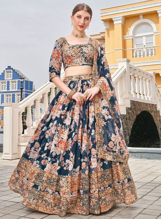 Navy blue organza heavy embroidered sequence work wedding lehenga choli