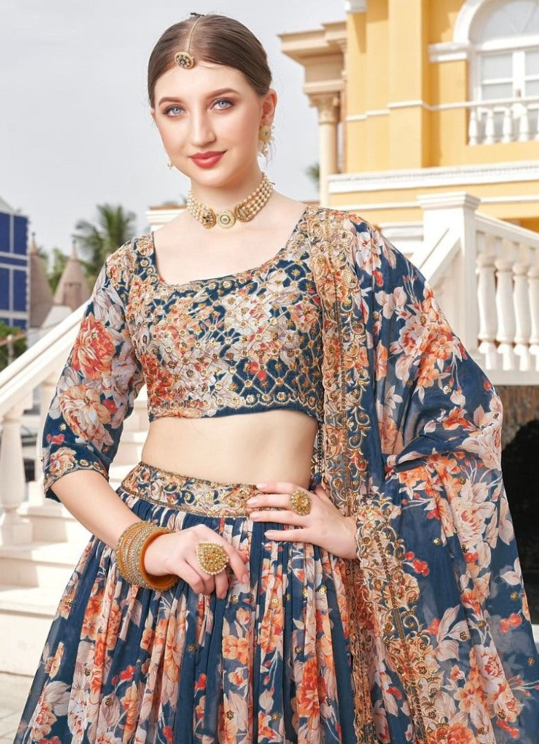 Navy blue organza heavy embroidered sequence work wedding lehenga choli