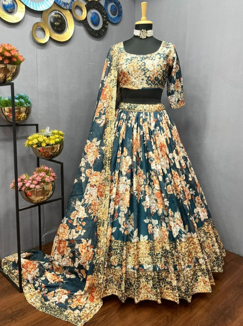 Navy blue organza heavy embroidered sequence work wedding lehenga choli