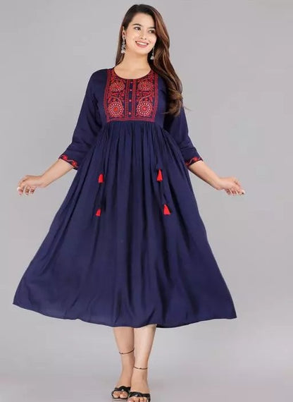 Navy blue rayon embroidered frock kurti