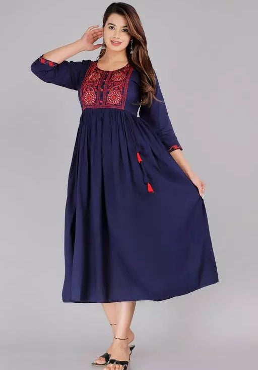 Navy blue rayon embroidered frock kurti