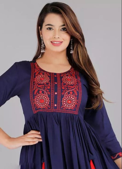 Navy blue rayon embroidered frock kurti