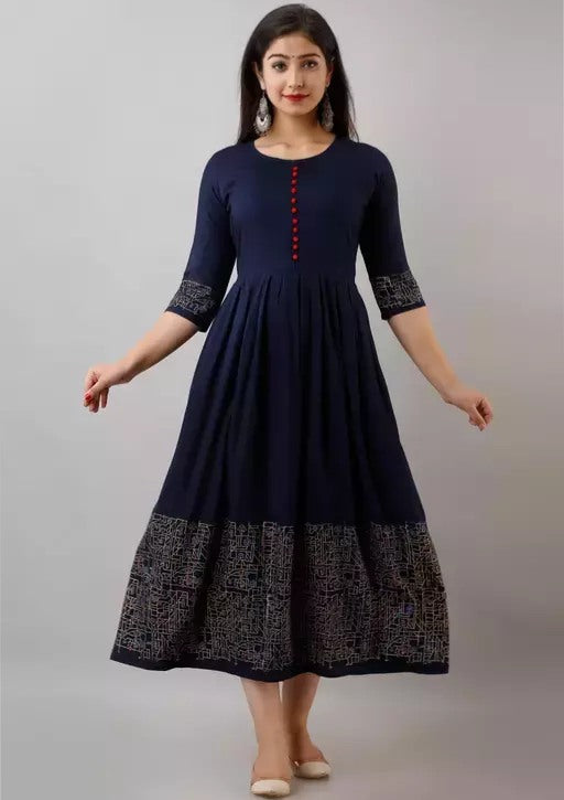 Navy blue rayon printed anarkali frock kurti