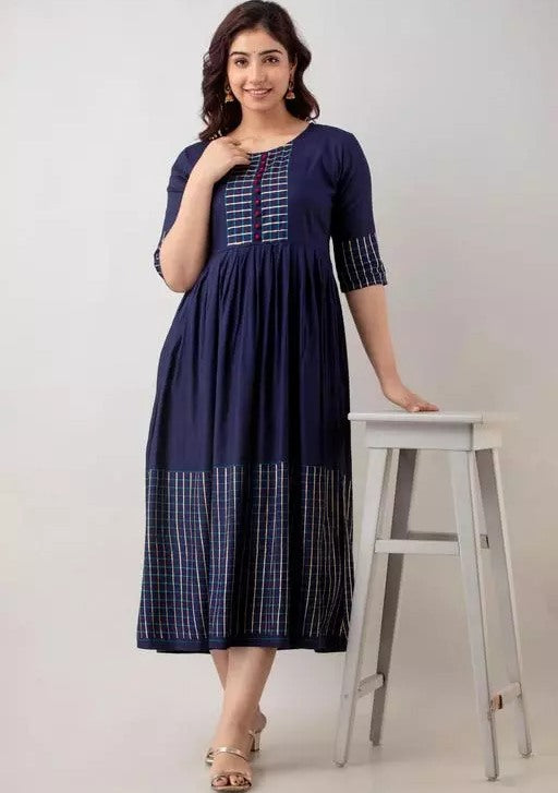 Navy blue rayon printed anarkali frock kurti