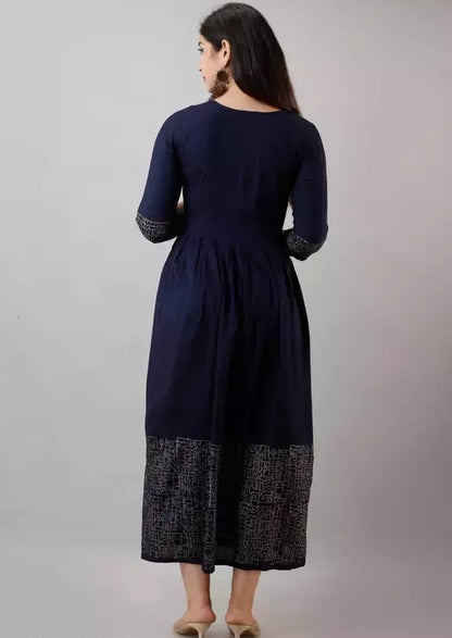 Navy blue rayon printed anarkali frock kurti