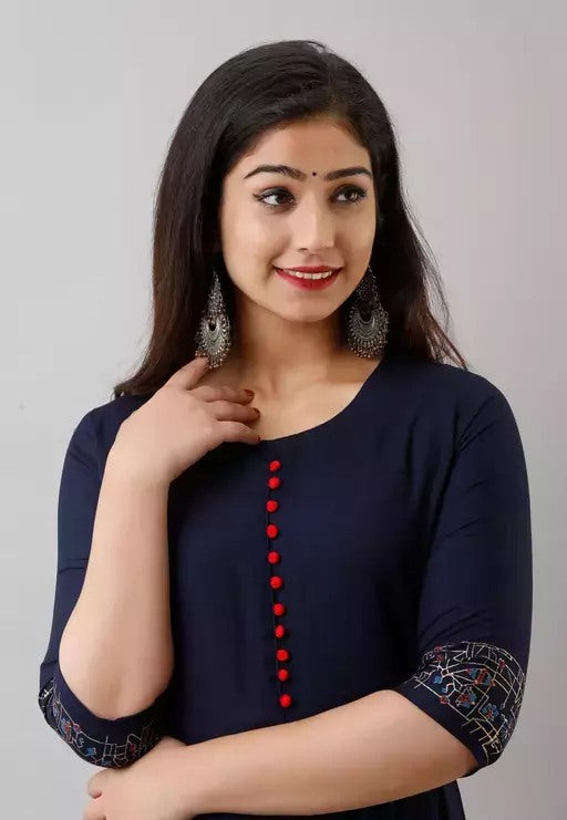 Navy blue rayon printed anarkali frock kurti