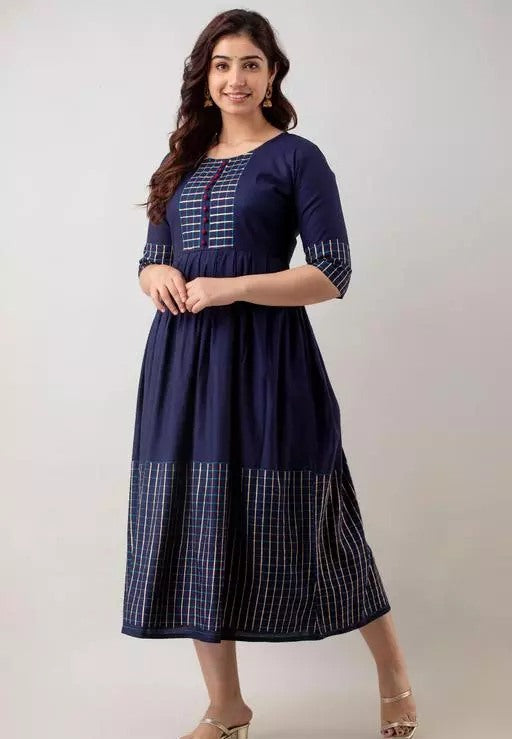 Navy blue rayon printed anarkali frock kurti