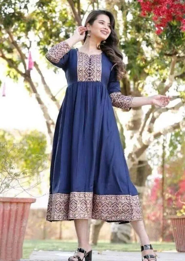 Navy blue rayon printed anarkali kurti