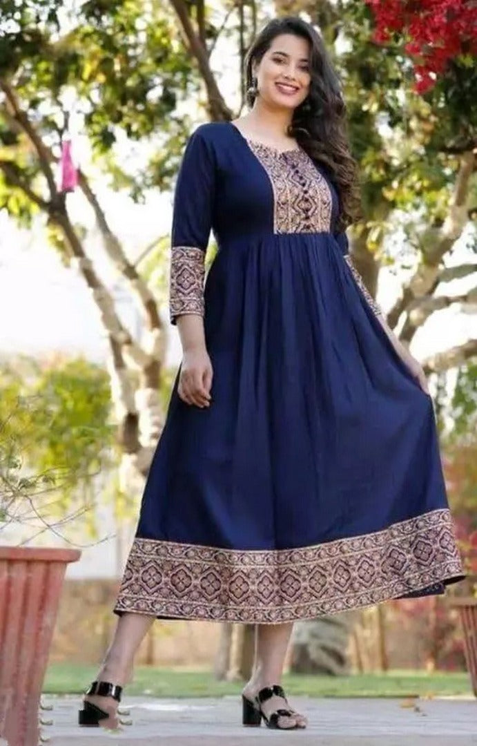 Navy blue rayon printed anarkali kurti