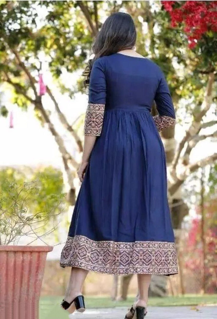 Navy blue rayon printed anarkali kurti