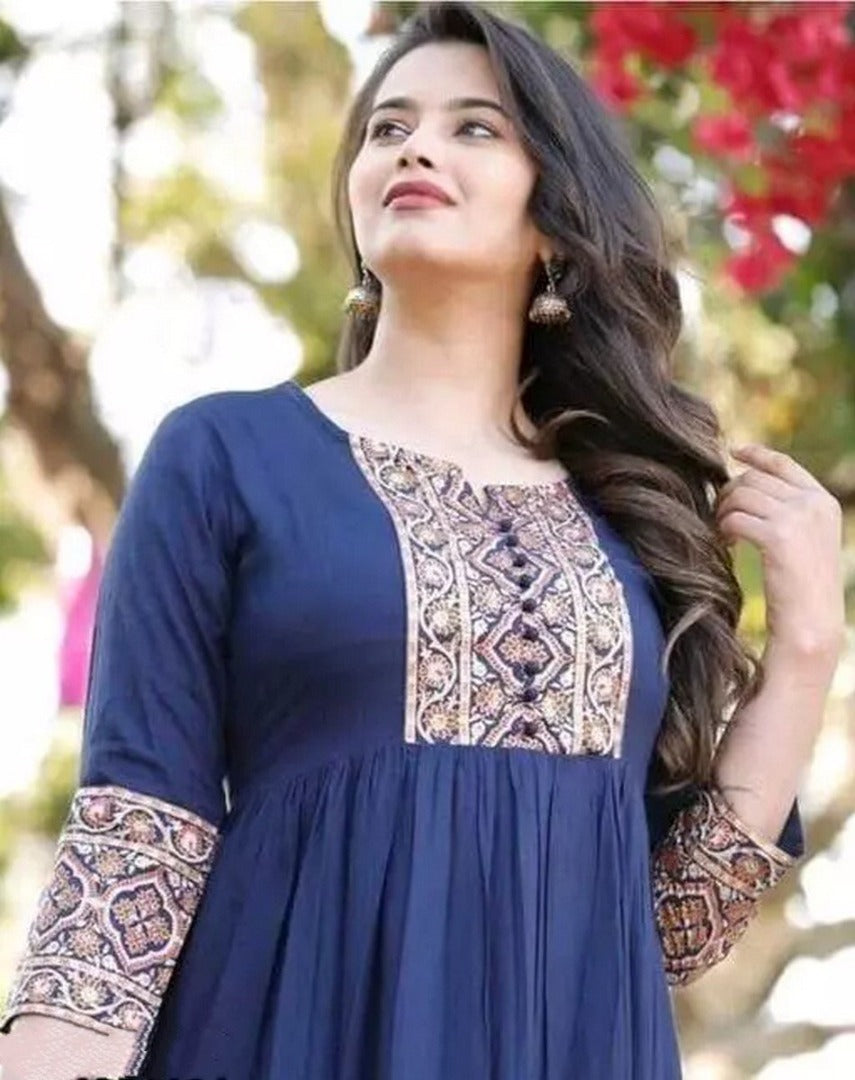 Navy blue rayon printed anarkali kurti