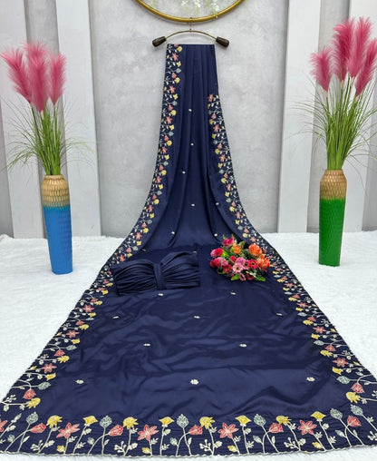 Navy blue silk thread and sequence work designer party wear saree