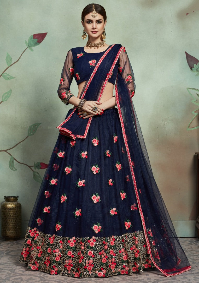 Navy blue soft net thread and sequence worked lehenga choli