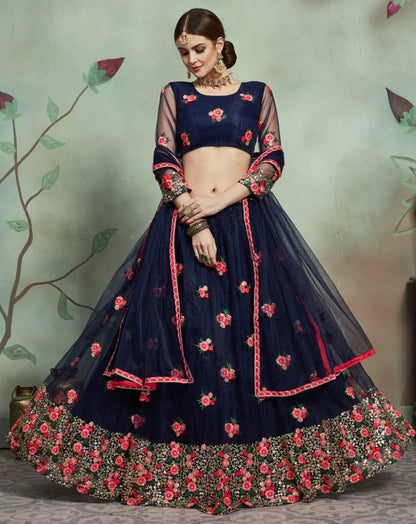 Navy blue soft net thread and sequence worked lehenga choli