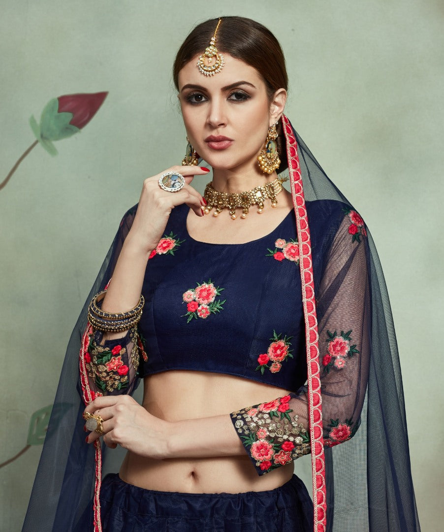 Navy blue soft net thread and sequence worked lehenga choli