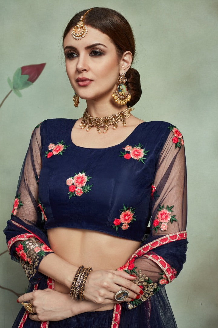 Navy blue soft net thread and sequence worked lehenga choli