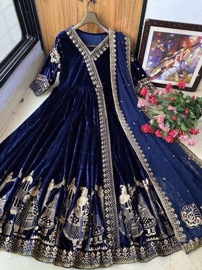 Navy blue velvet designer wedding gown