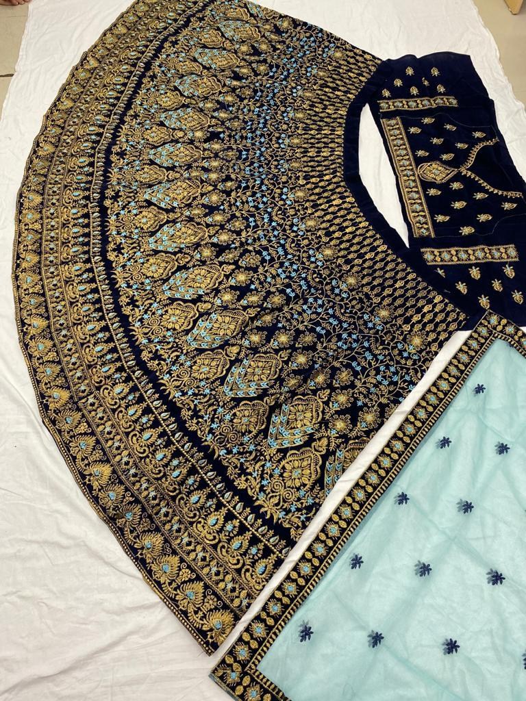 Navy blue velvet heavy embroidery work wedding lehenga