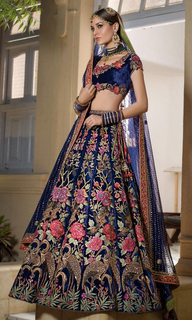 navy blue velvet heavy multi threadwork embroidered bridal lehenga