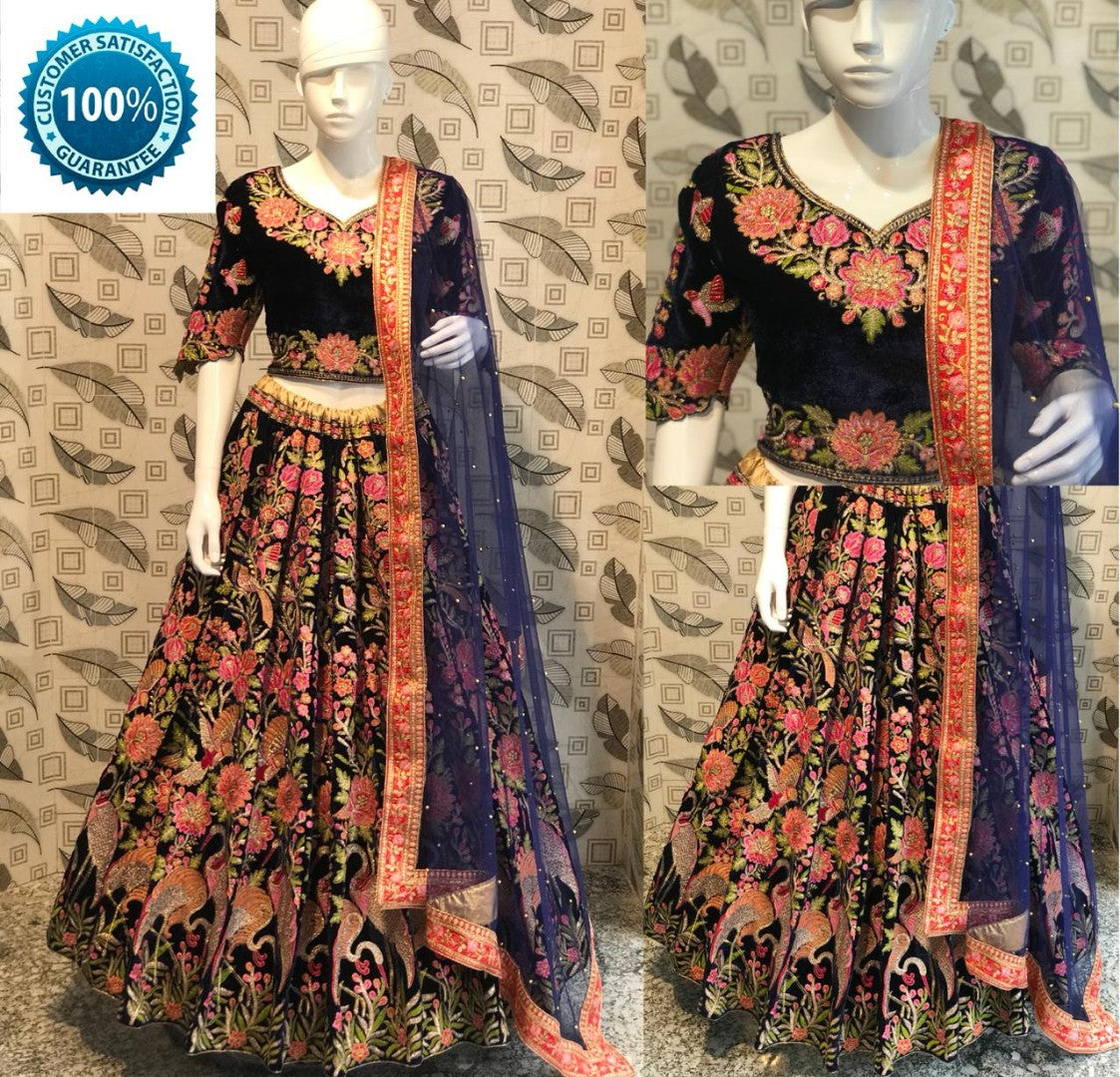 navy blue velvet heavy multi threadwork embroidered bridal lehenga