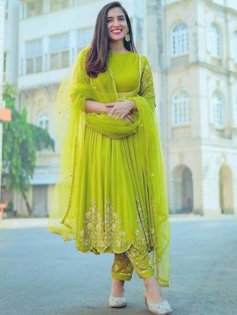 Neon georgette embroidered anarkali suit