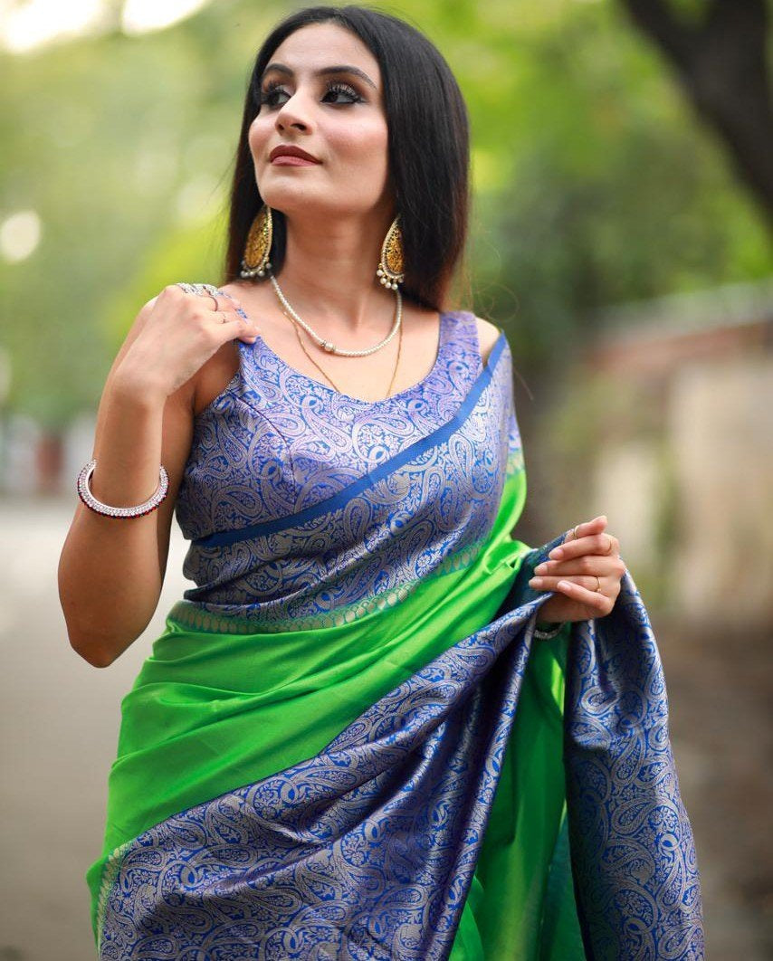 Neon green soft lichi silk jacquard weaving work saree