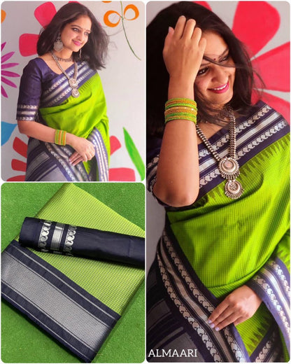 Neon green soft lichi silk silver zari jacquard weaving work saree