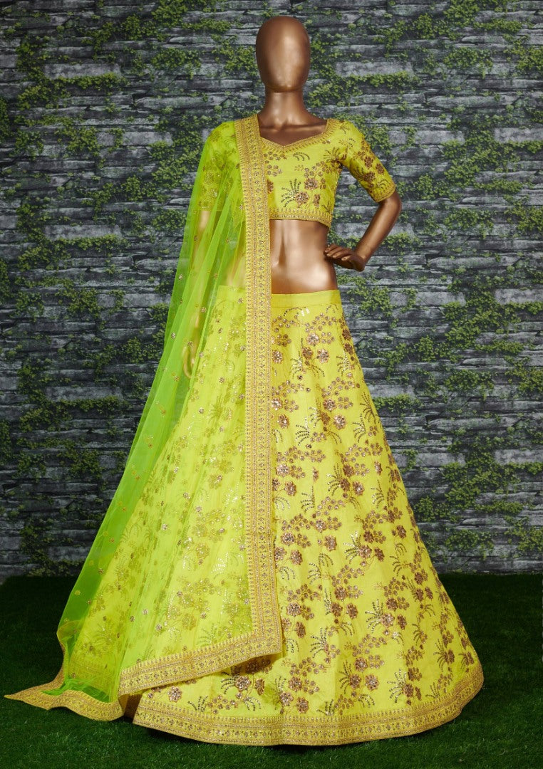 Neon green thai silk heavy zari and sequence worked designer bridal lehenga choli