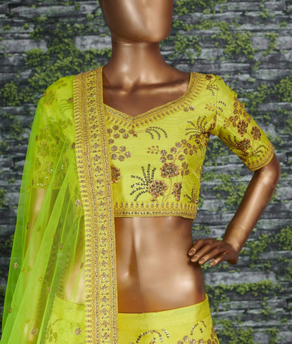 Neon green thai silk heavy zari and sequence worked designer bridal lehenga choli