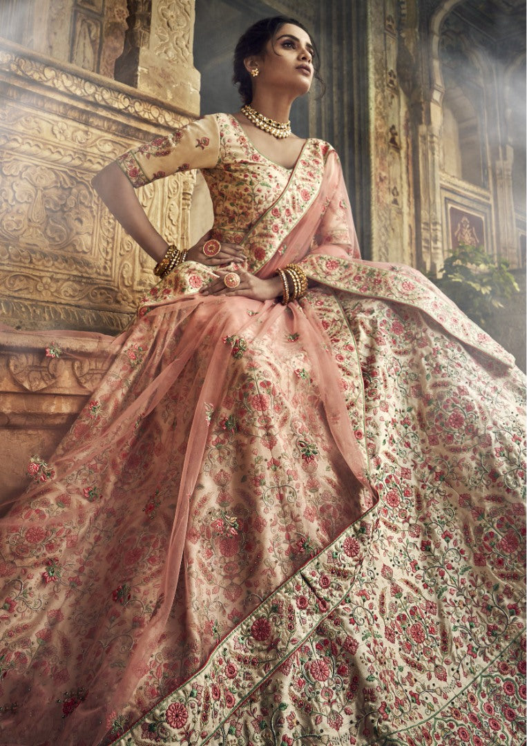 Off white art silk cut dana and thread work bridal lehenga choli